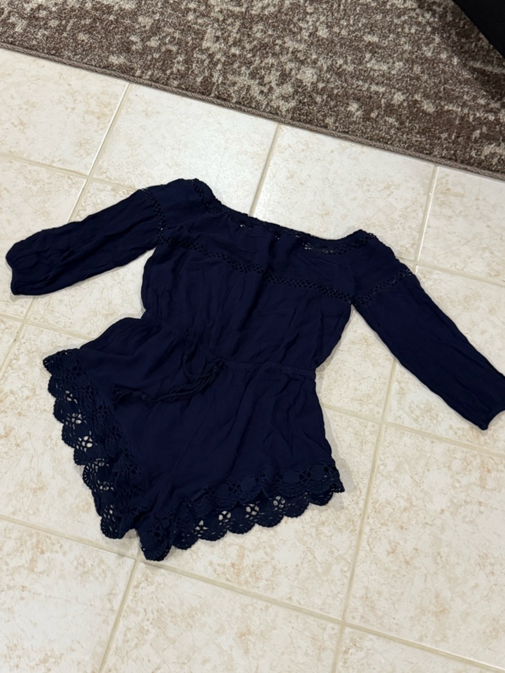 NEW Sun & Shadow Navy Blue Crochet-Trim Off-Shoulder Romper